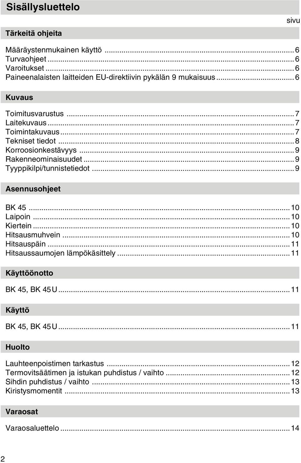 ..9 Asennusohjeet BK 45...10 Laipoin...10 Kiertein...10 Hitsausmuhvein...10 Hitsauspäin...11 Hitsaussaumojen lämpökäsittely...11 Käyttöönotto BK 45, BK 45U.