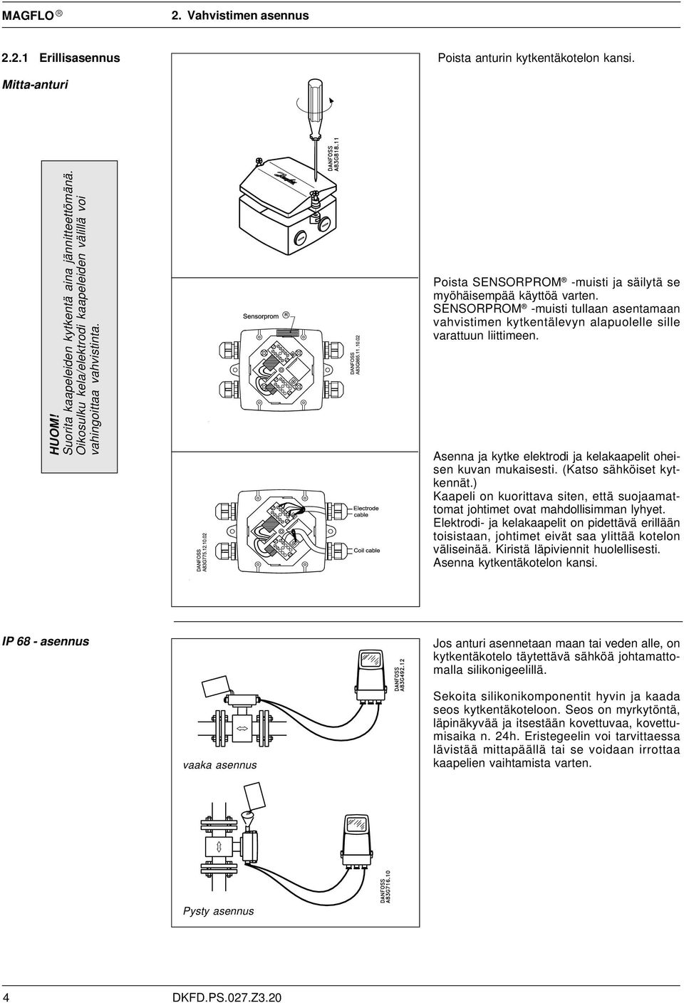 SENSORPROM -muisti tullaan asentamaan vahvistimen kytkentälevyn alapuolelle sille varattuun liittimeen. Asenna ja kytke elektrodi ja kelakaapelit oheisen kuvan mukaisesti. (Katso sähköiset kytkennät.