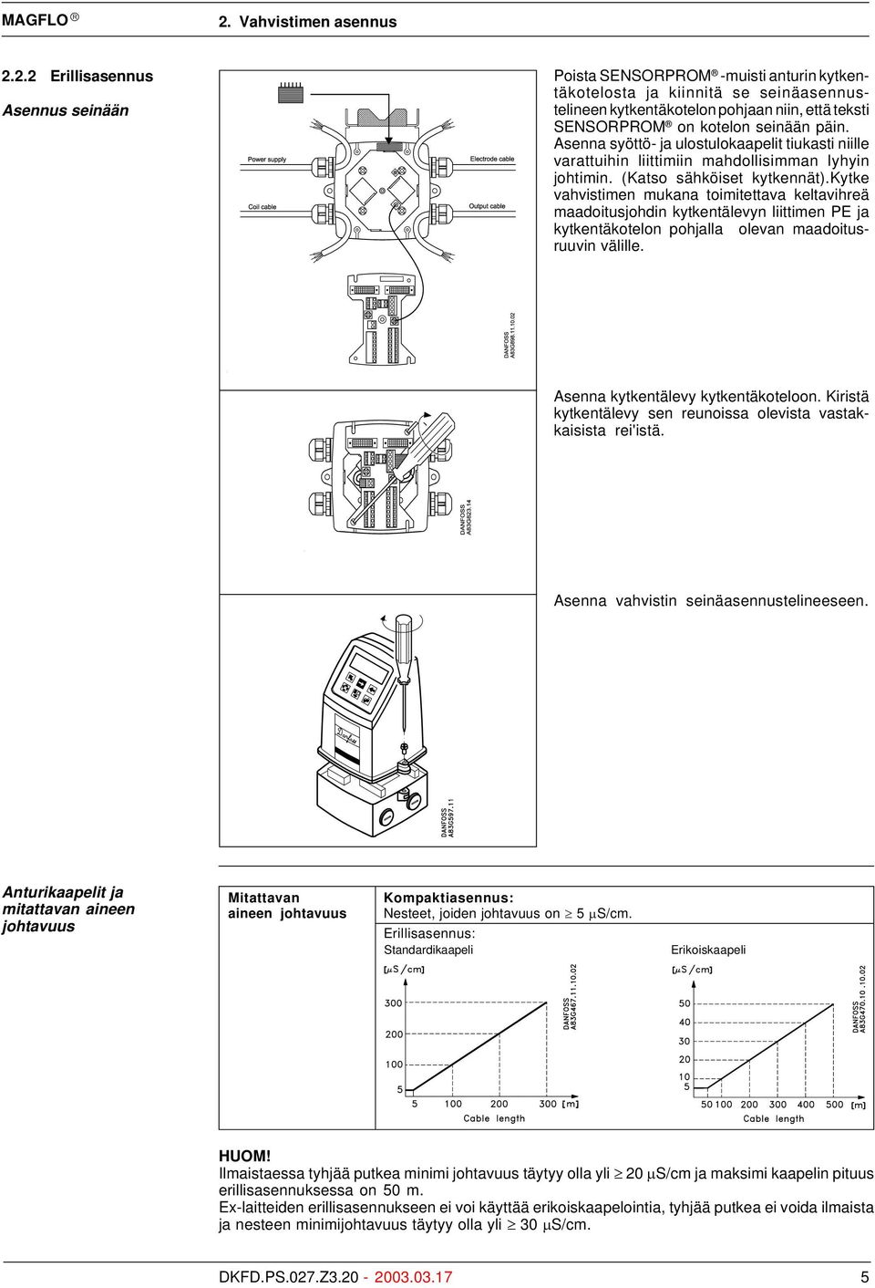 kytke vahvistimen mukana toimitettava keltavihreä maadoitusjohdin kytkentälevyn liittimen PE ja kytkentäkotelon pohjalla olevan maadoitusruuvin välille. Asenna kytkentälevy kytkentäkoteloon.