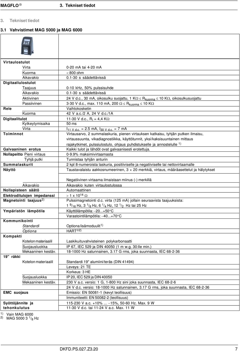 1 Vahvistimet MAG 5000 ja MAG 6000 Virtaulostulot Virta Kuorma Aikavakio Digitaaliulostulot Taajuus Aikavakio Aktiivinen Passiivinen Rele Kuorma Digitaalitulot Kytkeytymisaika Virta Toiminnot
