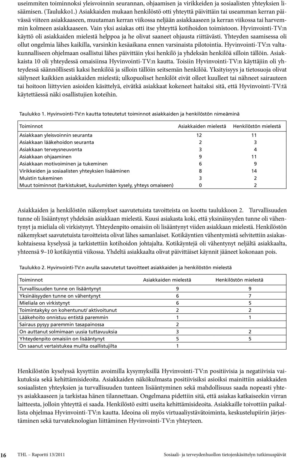 asiakkaaseen. Vain yksi asiakas otti itse yhteyttä kotihoidon toimistoon. Hyvinvointi-TV:n käyttö oli asiakkaiden mielestä helppoa ja he olivat saaneet ohjausta riittävästi.