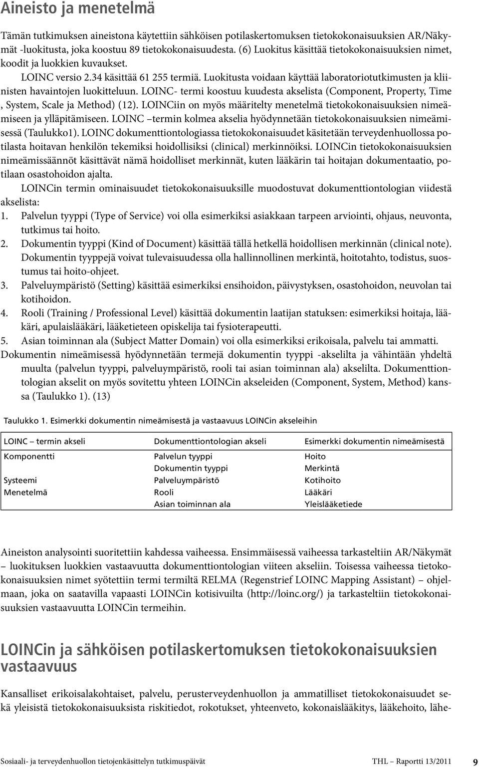 Luokitusta voidaan käyttää laboratoriotutkimusten ja kliinisten havaintojen luokitteluun. LOINC- termi koostuu kuudesta akselista (Component, Property, Time, System, Scale ja Method) (12).