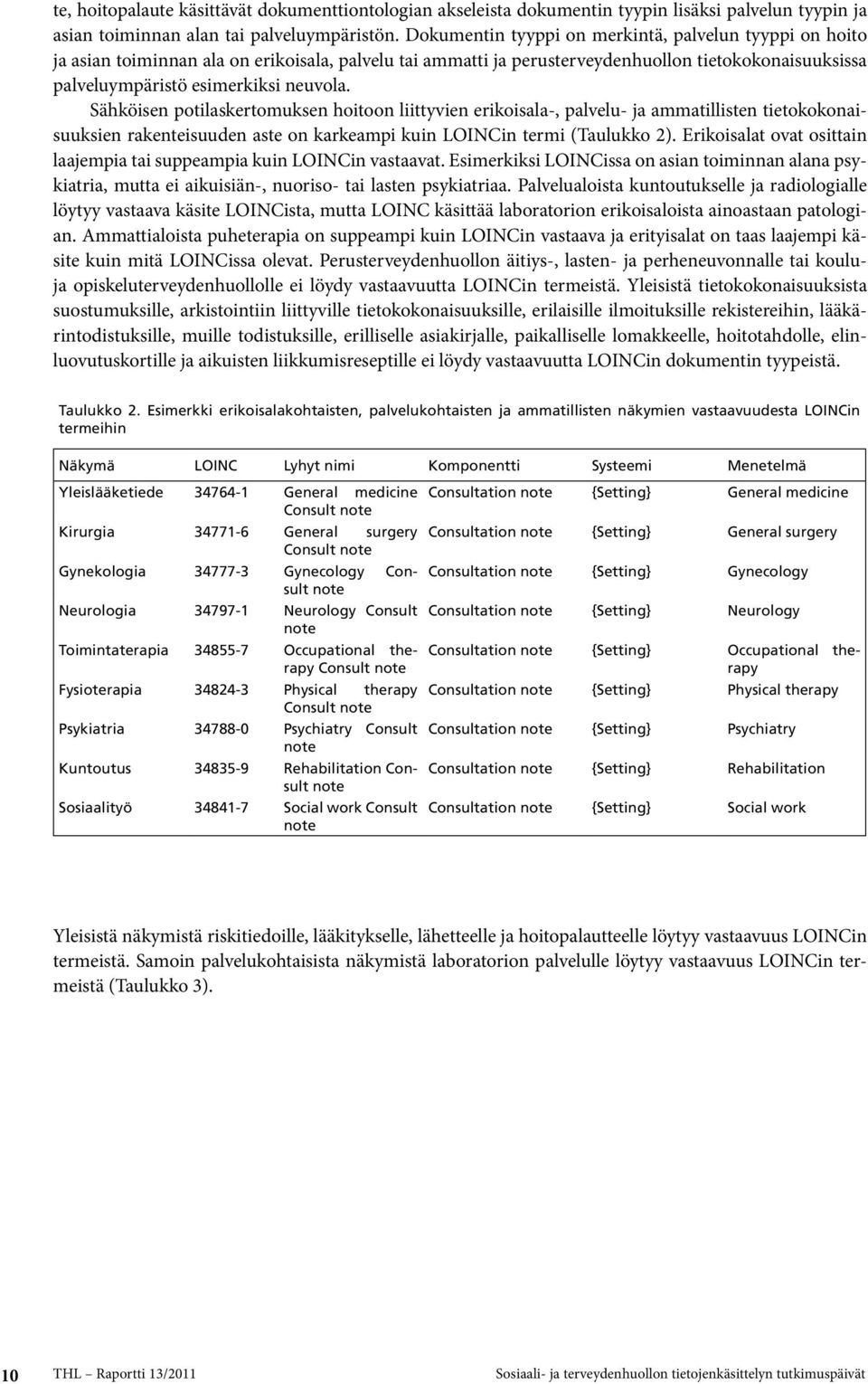 Sähköisen potilaskertomuksen hoitoon liittyvien erikoisala-, palvelu- ja ammatillisten tietokokonaisuuksien rakenteisuuden aste on karkeampi kuin LOINCin termi (Taulukko 2).