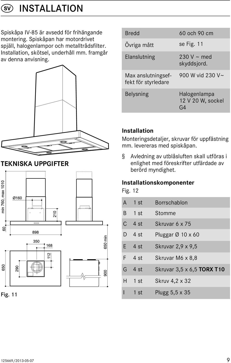 900 W vid 230 V~ Halogenlampa 12 V 20 W, sockel G4 TEKNISKA UPPGIFTER Installation Monteringsdetaljer, skruvar för uppfästning mm. levereras med spiskåpan.