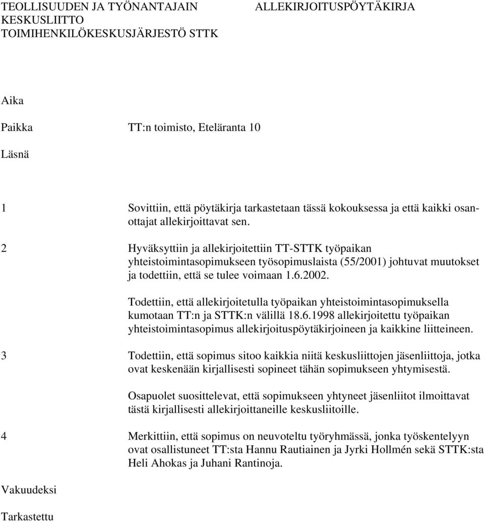 2 Hyväksyttiin ja allekirjoitettiin TT-STTK työpaikan yhteistoimintasopimukseen työsopimuslaista (55/2001) johtuvat muutokset ja todettiin, että se tulee voimaan 1.6.2002.