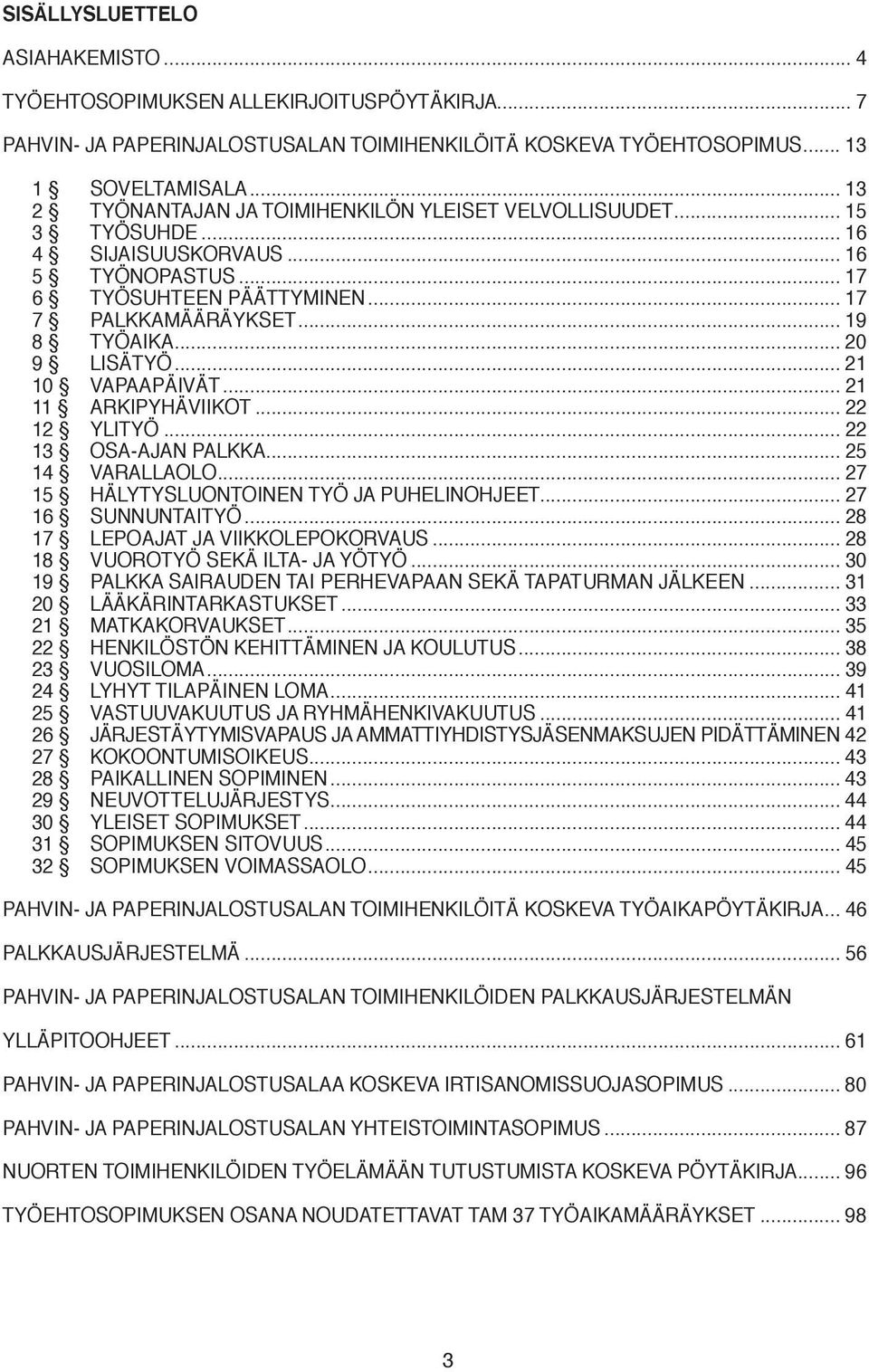 .. 20 9 LISÄTYÖ... 21 10 VAPAAPÄIVÄT... 21 11 ARKIPYHÄVIIKOT... 22 12 YLITYÖ... 22 13 OSA-AJAN PALKKA... 25 14 VARALLAOLO... 27 15 HÄLYTYSLUONTOINEN TYÖ JA PUHELINOHJEET... 27 16 SUNNUNTAITYÖ.