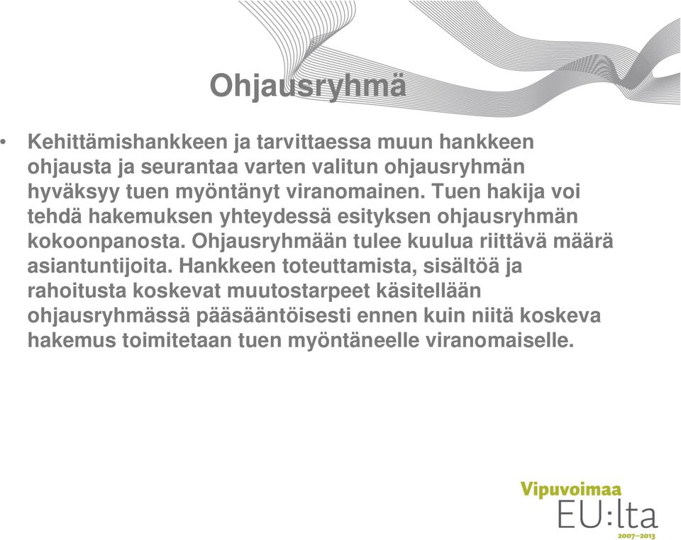Ohjausryhmään tulee kuulua riittävä määrä asiantuntijoita.