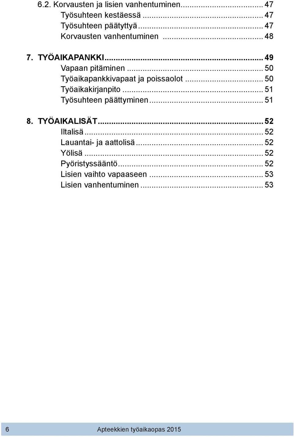 .. 50 Työaikakirjanpito... 51 Työsuhteen päättyminen... 51 8. TYÖAIKALISÄT... 52 Iltalisä.