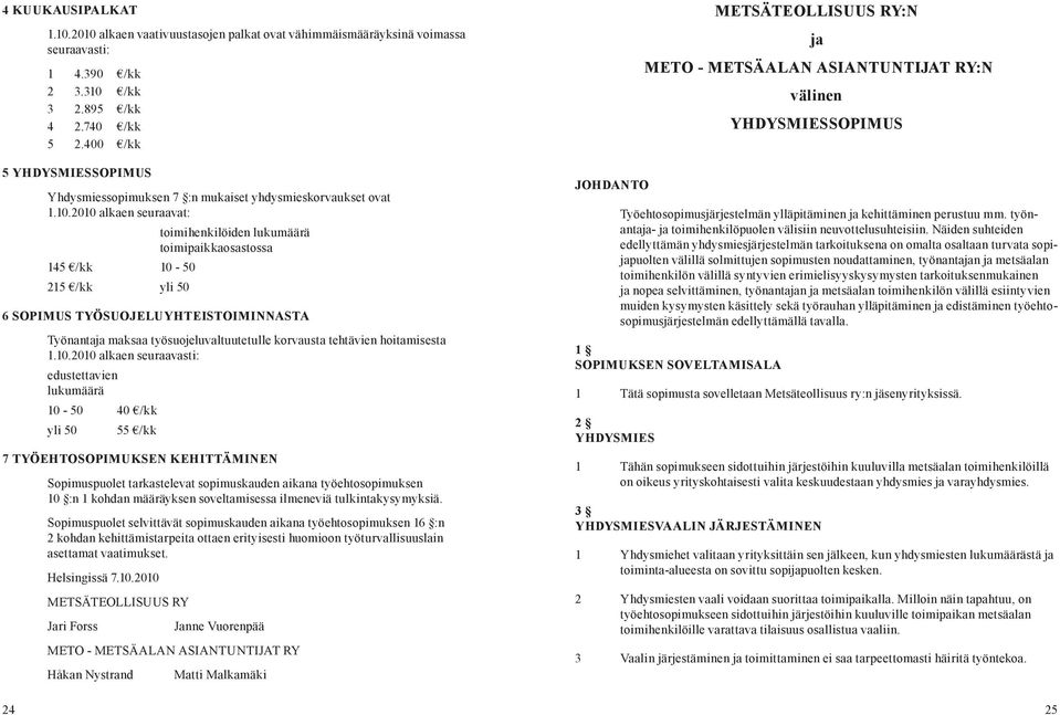 2010 alkaen seuraavat: toimihenkilöiden lukumäärä toimipaikkaosastossa 145 /kk 10-50 215 /kk yli 50 6 SOPIMUS TYÖSUOJELUYHTEISTOIMINNASTA Työnantaja maksaa työsuojeluvaltuutetulle korvausta tehtävien