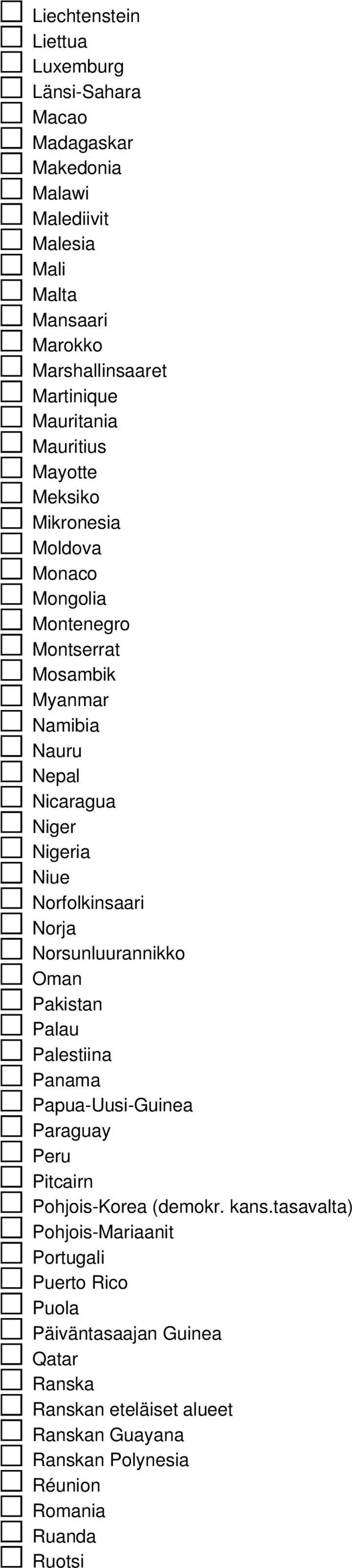 Norfolkinsaari Norja Norsunluurannikko Oman Pakistan Palau Palestiina Panama Papua-Uusi-Guinea Paraguay Peru Pitcairn Pohjois-Korea (demokr. kans.