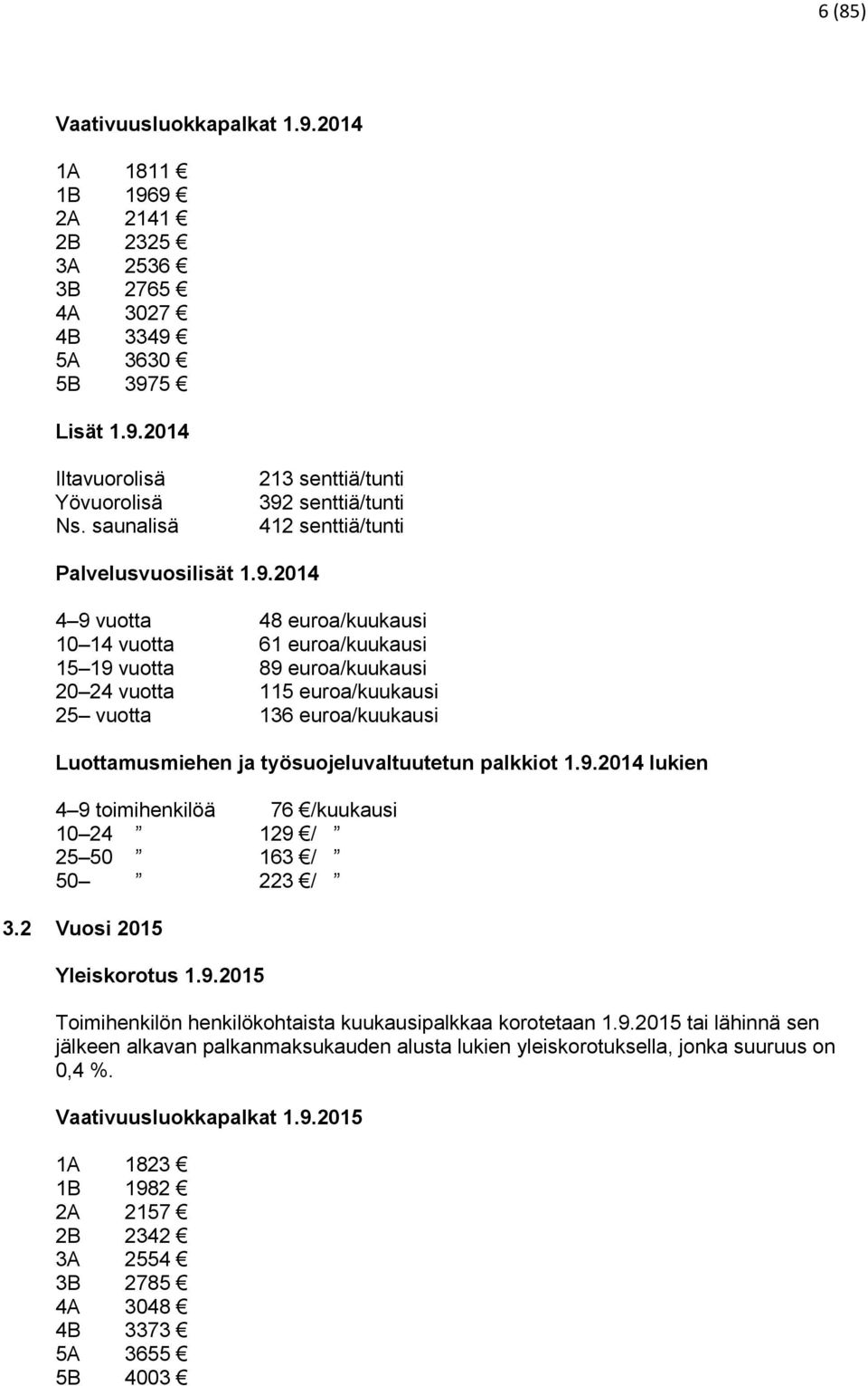 senttiä/tunti 412 senttiä/tunti Palvelusvuosilisät 1.9.