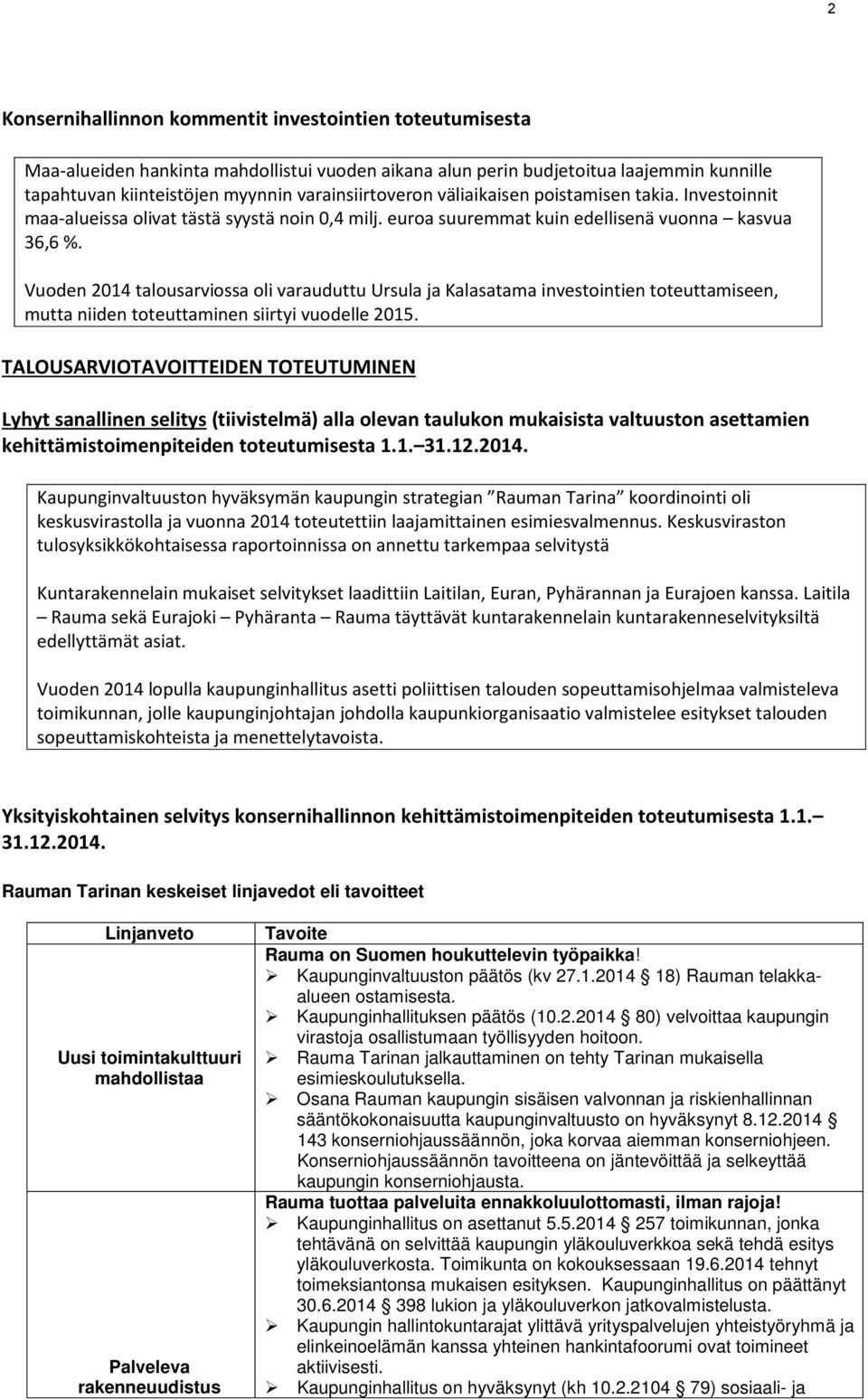 Vuoden 2014 talousarviossa oli varauduttu Ursula ja Kalasatama investointien toteuttamiseen, mutta niiden toteuttaminen siirtyi vuodelle 2015.