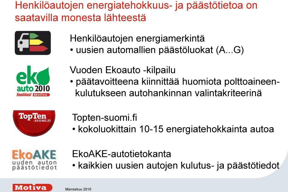 ..G) Vuoden Ekoauto -kilpailu päätavoitteena kiinnittää huomiota polttoaineenkulutukseen