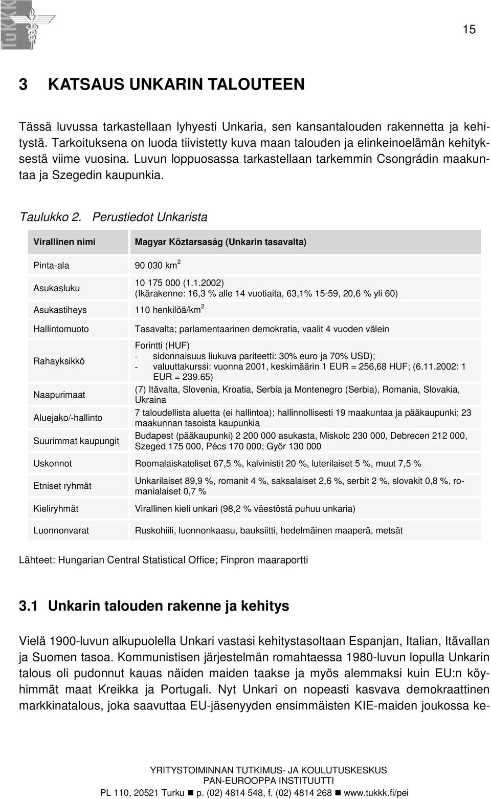 Perustiedot Unkarista Virallinen nimi Magyar Köztarsaság (Unkarin tasavalta) Pinta-ala 90 030 km 2 Asukasluku 10