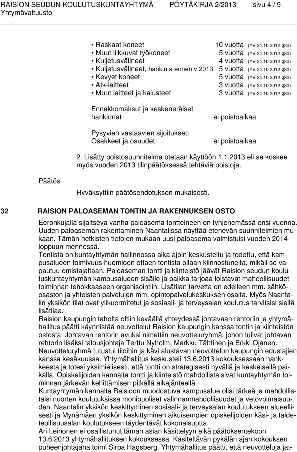 Lisätty poistosuunnitelma otetaan käyttöön..203 eli se koskee myös vuoden 203 tilinpäätöksessä tehtäviä poistoja. Päätös Hyväksyttiin päätösehdotuksen mukaisesti.