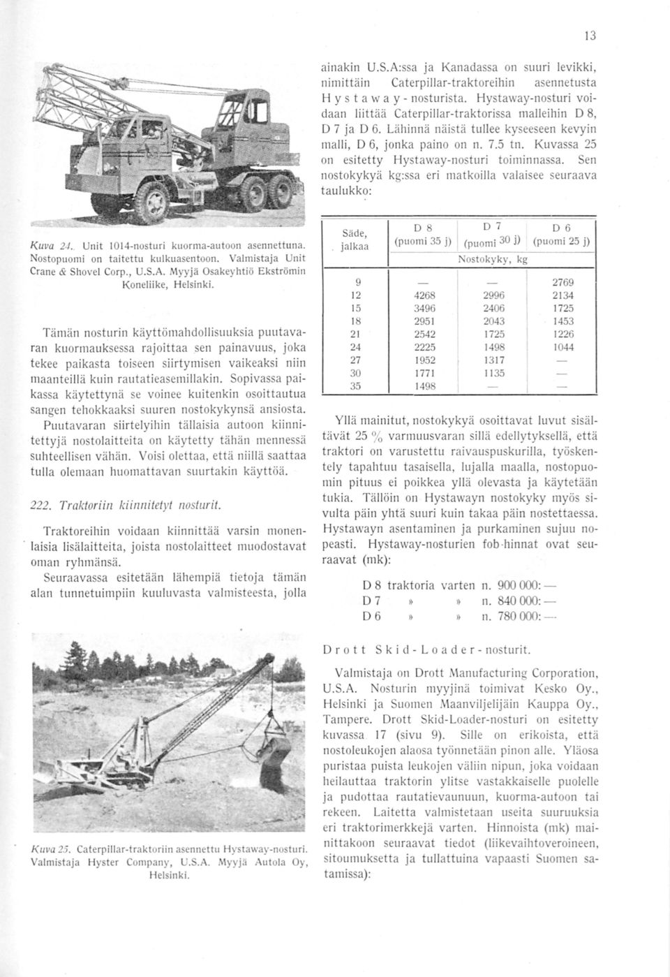 Kuvassa 25 on esitetty Hystawaynosturi toiminnassa. Sen nostokykyä kg:ssa eri matkoilla valaisee seuraava taul ukko: Kuva 24.. Unit 04nosturi kuormaautoon asennettuna.