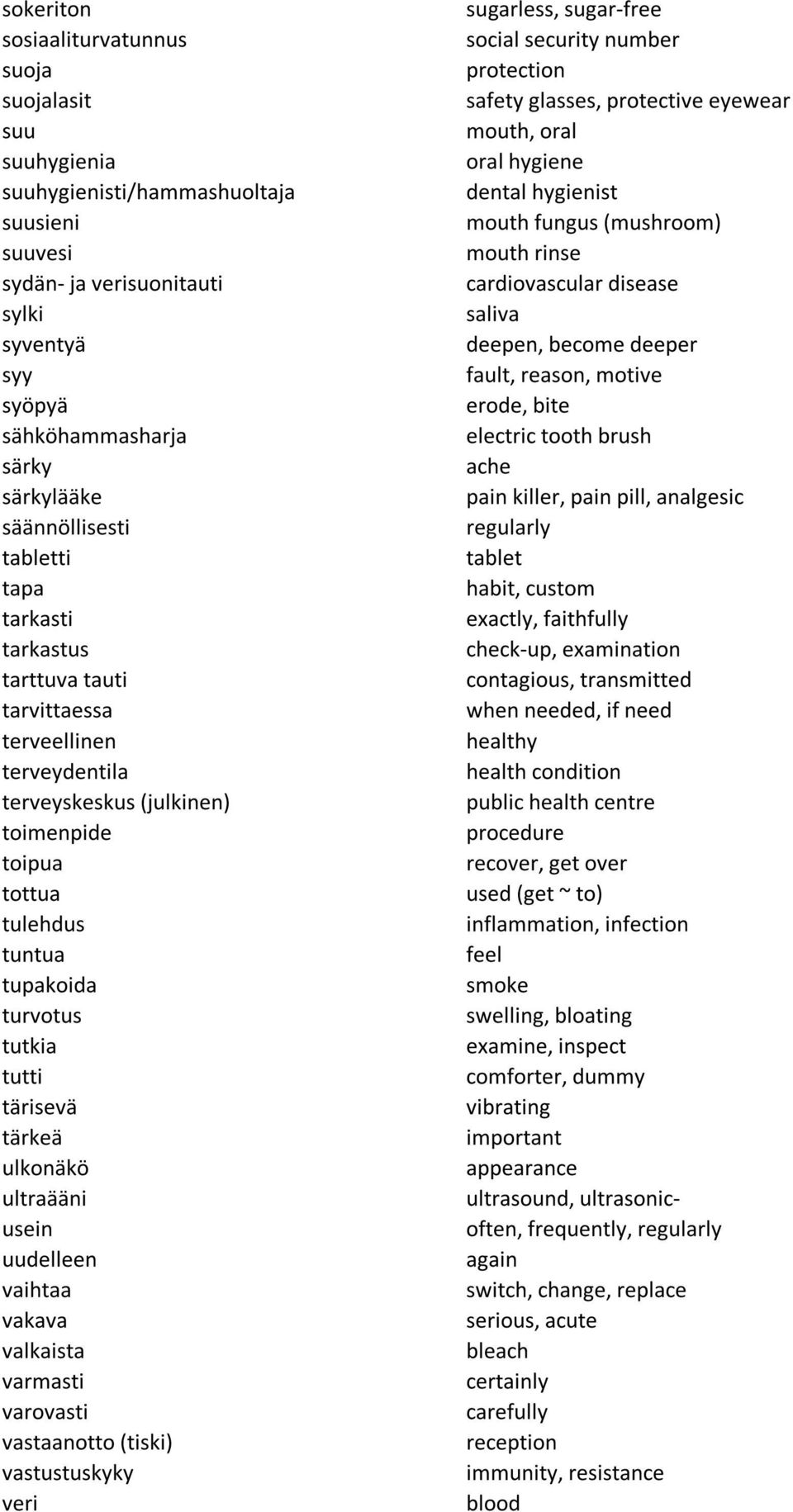 contagious, transmitted when needed, if need healthy health condition public health centre procedure recover, get over used (get ~ to) inflammation, infection feel smoke swelling, bloating examine,