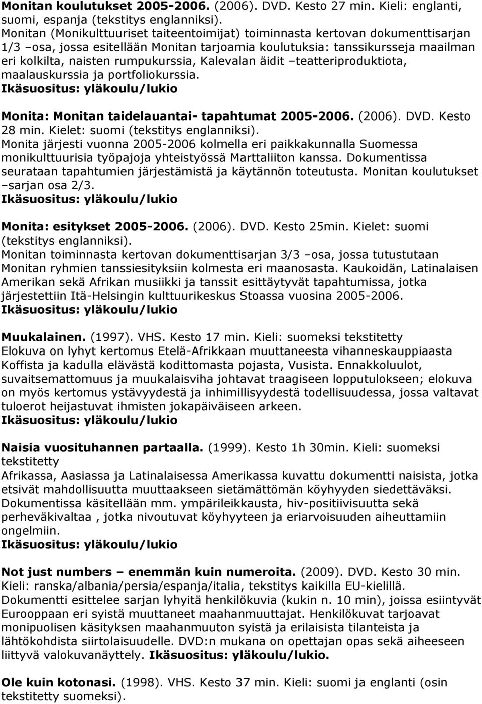 Kalevalan äidit teatteriproduktiota, maalauskurssia ja portfoliokurssia. Monita: Monitan taidelauantai- tapahtumat 2005-2006. (2006). DVD. Kesto 28 min. Kielet: suomi (tekstitys englanniksi).