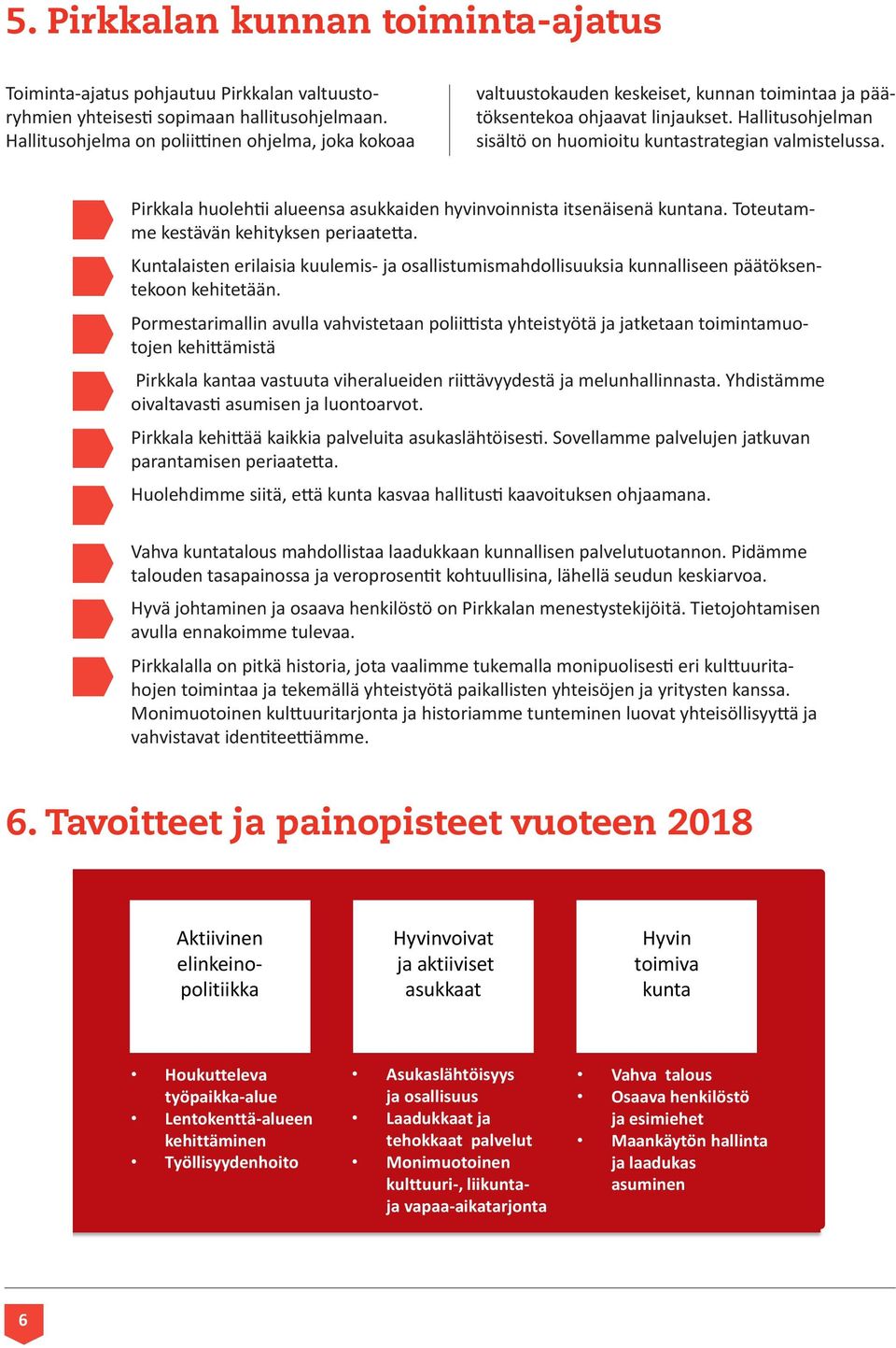 Hallitusohjelman sisältö on huomioitu kuntastrategian valmistelussa. Pirkkala huolehtii alueensa asukkaiden hyvinvoinnista itsenäisenä kuntana. Toteutamme kestävän kehityksen periaatetta.