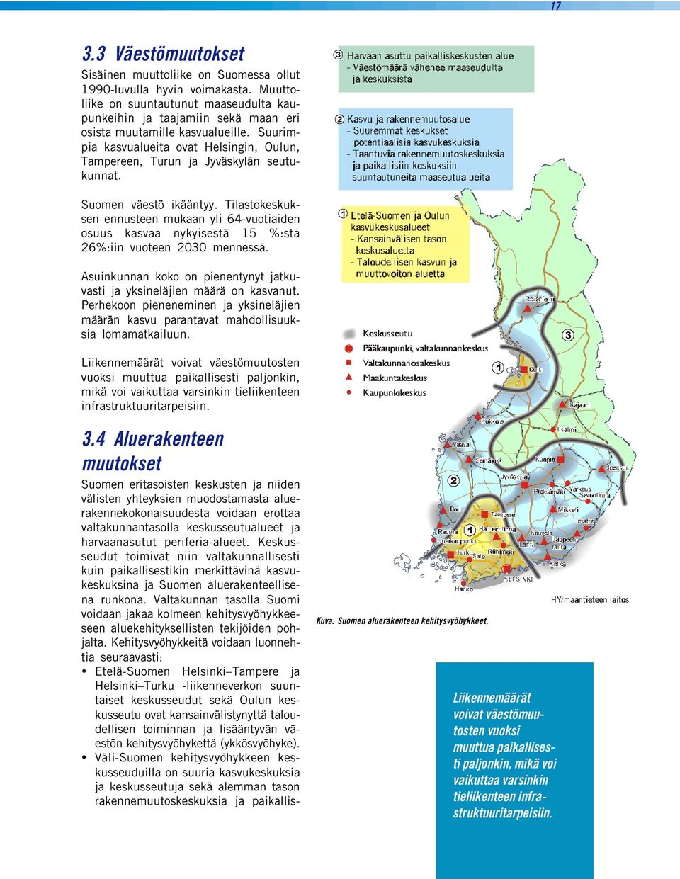 Suurimpia kasvualueita ovat Helsingin, Oulun, Tampereen, Turun ja Jyväskylän seutukunnat. Suomen väestö ikääntyy.