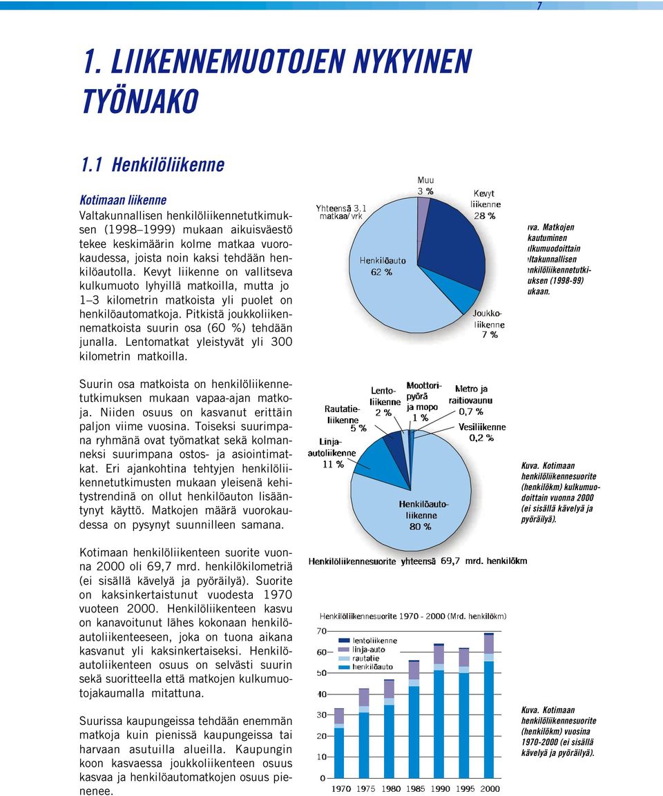 Kevyt liikenne on vallitseva kulkumuoto lyhyillä matkoilla, mutta jo 1 3 kilometrin matkoista yli puolet on henkilöautomatkoja. Pitkistä joukkoliikennematkoista suurin osa (60 %) tehdään junalla.