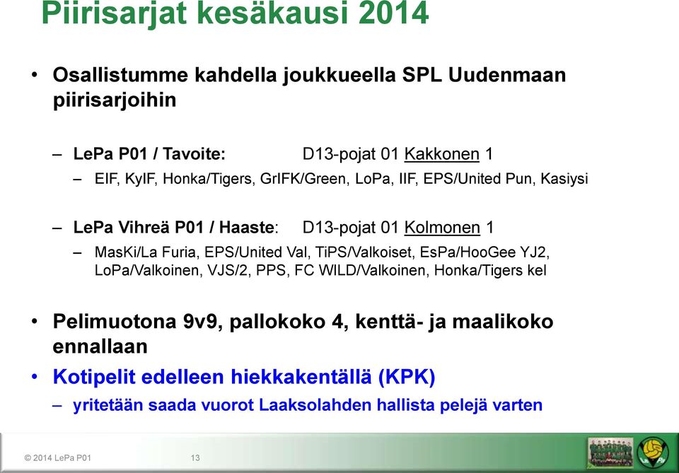 EPS/United Val, TiPS/Valkoiset, EsPa/HooGee YJ2, LoPa/Valkoinen, VJS/2, PPS, FC WILD/Valkoinen, Honka/Tigers kel Pelimuotona 9v9, pallokoko