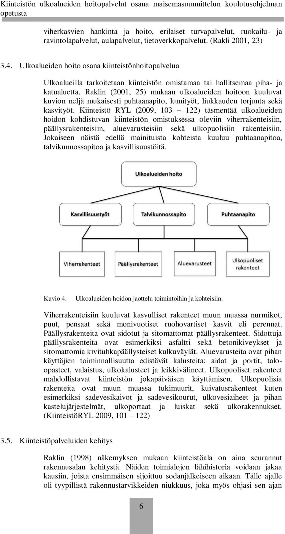 Raklin (2001, 25) mukaan ulkoalueiden hoitoon kuuluvat kuvion neljä mukaisesti puhtaanapito, lumityöt, liukkauden torjunta sekä kasvityöt.