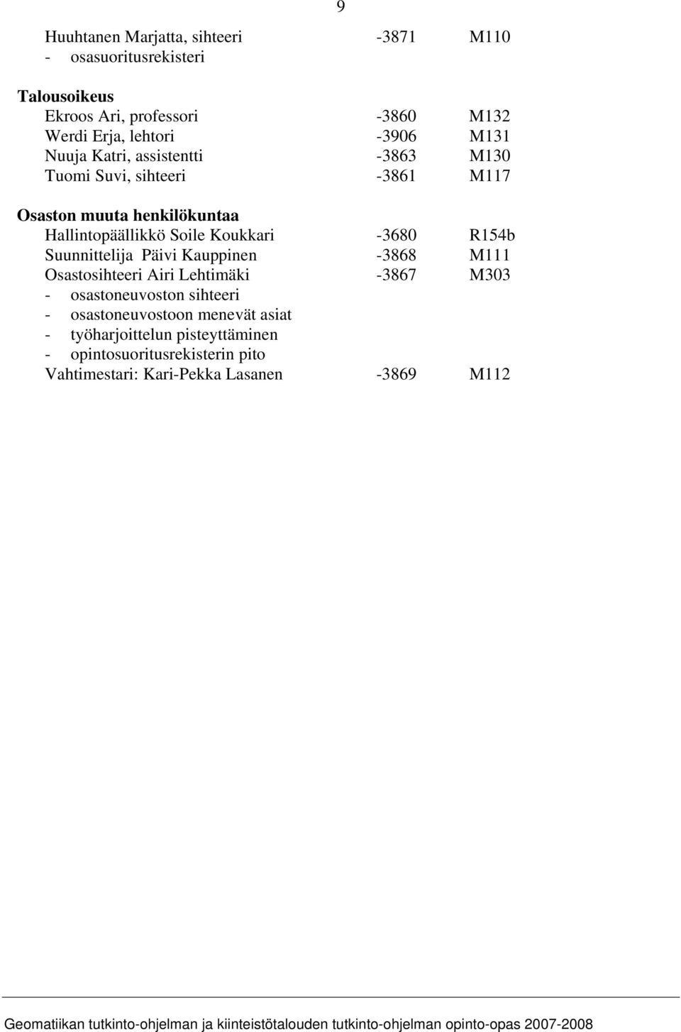 Koukkari -3680 R154b Suunnittelija Päivi Kauppinen -3868 M111 Osastosihteeri Airi Lehtimäki -3867 M303 - osastoneuvoston sihteeri -