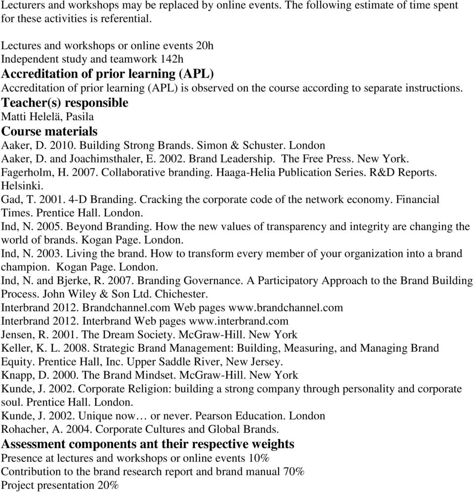separate instructions. Teacher(s) responsible Matti Helelä, Pasila Course materials Aaker, D. 2010. Building Strong Brands. Simon & Schuster. London Aaker, D. and Joachimsthaler, E. 2002.