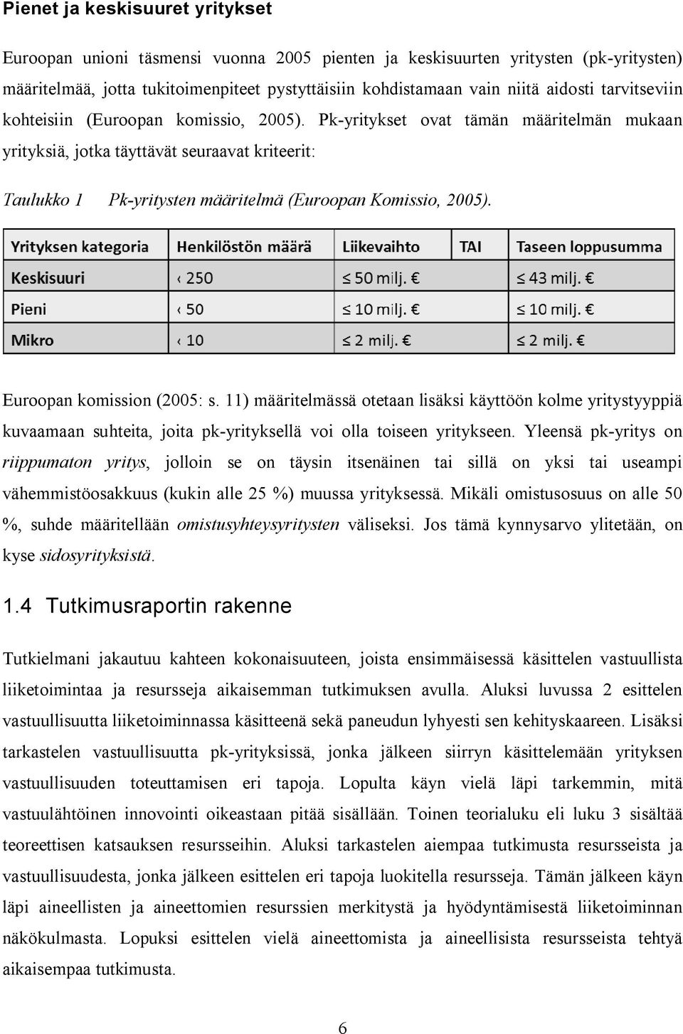 Pk-yritykset ovat tämän määritelmän mukaan yrityksiä, jotka täyttävät seuraavat kriteerit: Taulukko 1 Pk-yritysten määritelmä (Euroopan Komissio, 2005). Euroopan komission (2005: s.