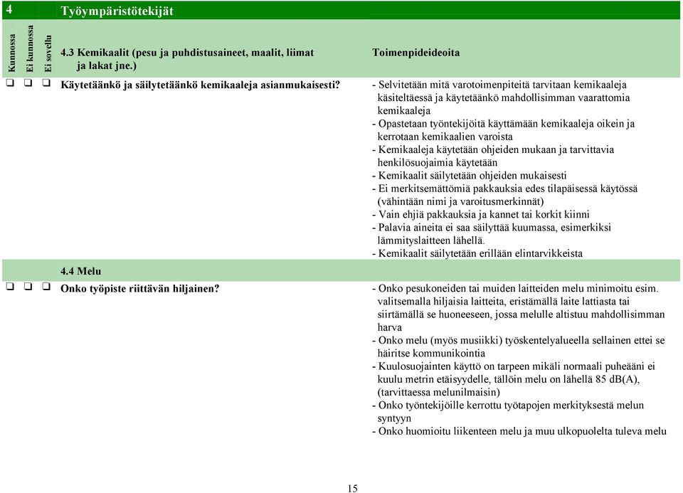 kemikaalien varoista - Kemikaaleja käytetään ohjeiden mukaan ja tarvittavia henkilösuojaimia käytetään - Kemikaalit säilytetään ohjeiden mukaisesti - Ei merkitsemättömiä pakkauksia edes tilapäisessä