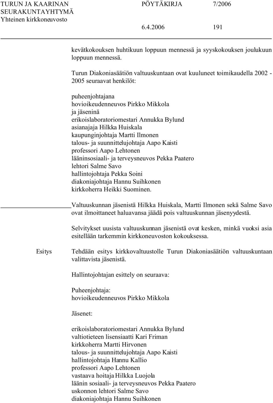 asianajaja Hilkka Huiskala kaupunginjohtaja Martti Ilmonen talous- ja suunnittelujohtaja Aapo Kaisti professori Aapo Lehtonen lääninsosiaali- ja terveysneuvos Pekka Paatero lehtori Salme Savo