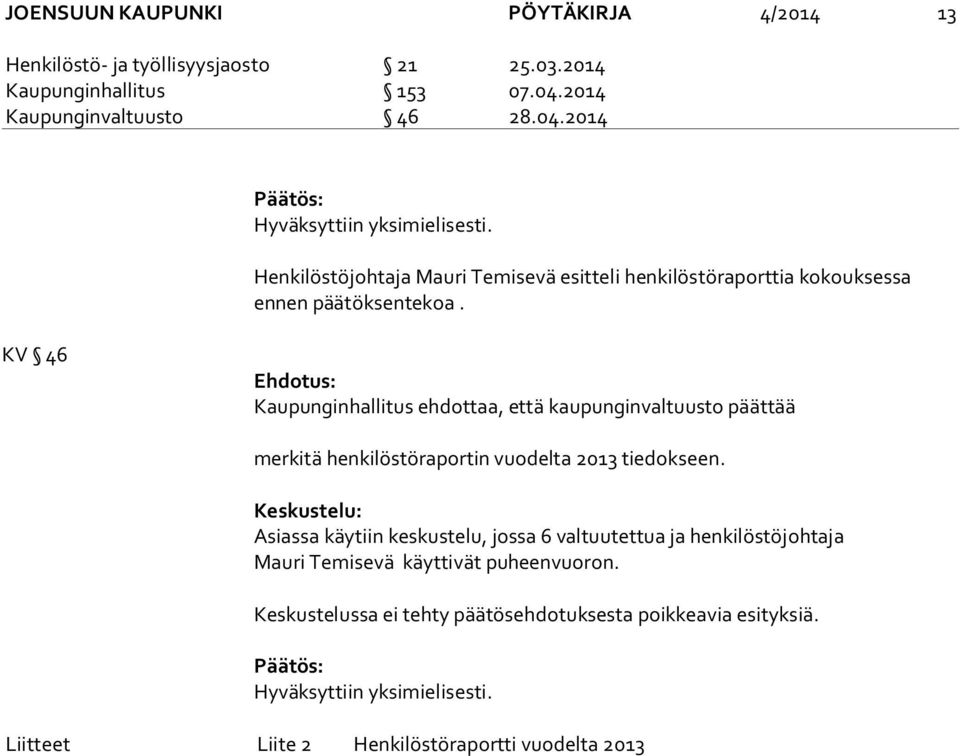 KV 46 Ehdotus: merkitä henkilöstöraportin vuodelta 2013 tiedokseen.
