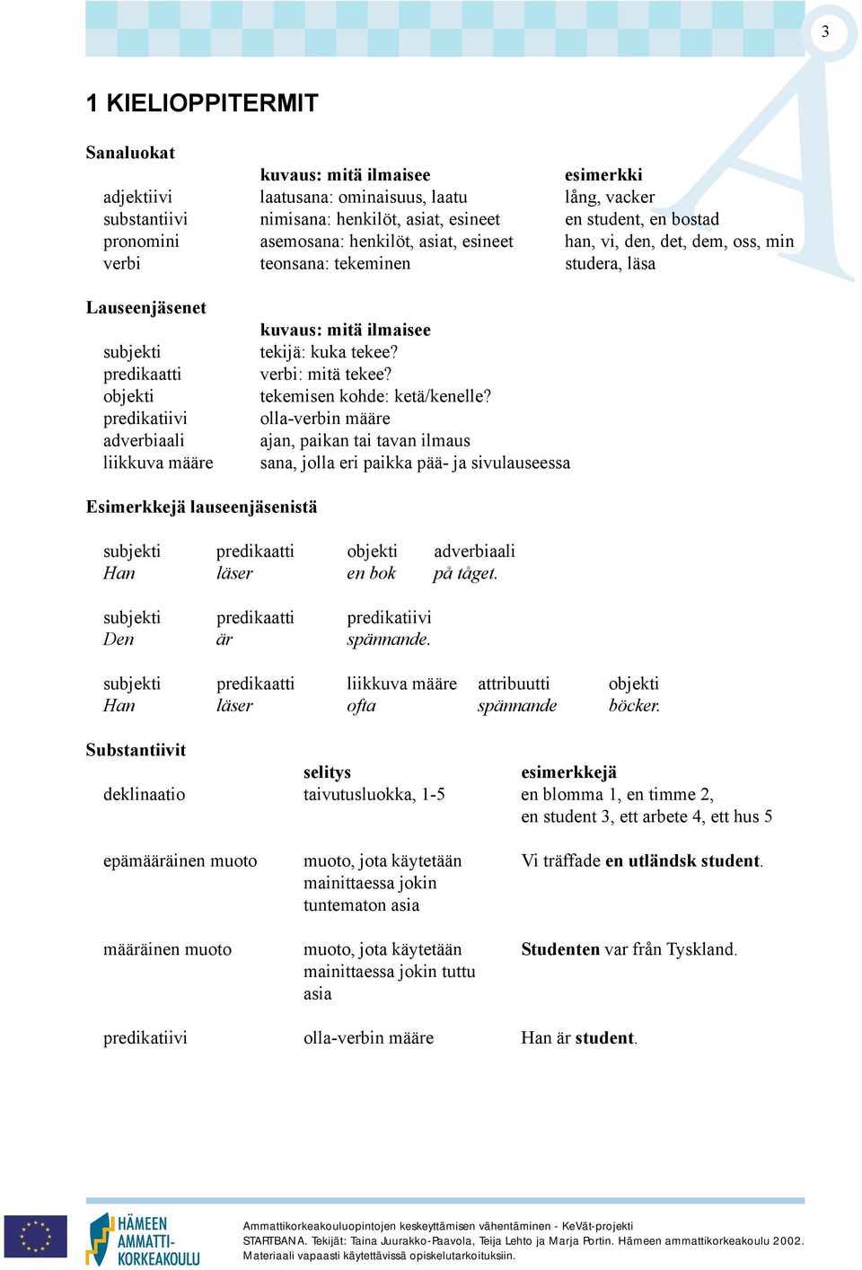 kuvaus: mitä ilmaisee tekijä: kuka tekee? verbi: mitä tekee? tekemisen kohde: ketä/kenelle?