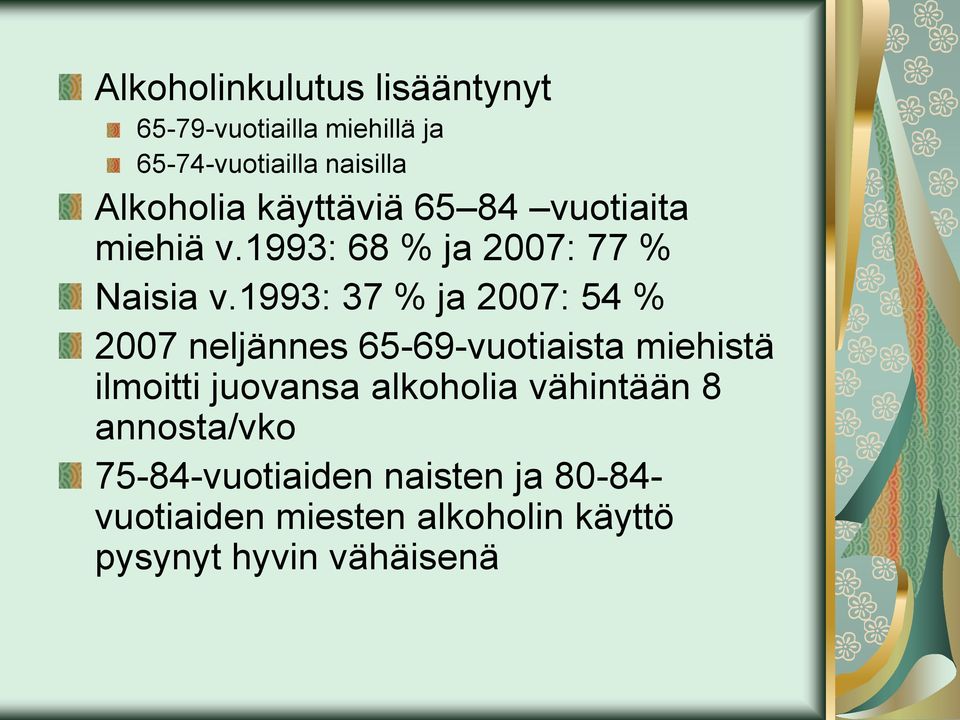 1993: 37 % ja 2007: 54 % 2007 neljännes 65-69-vuotiaista miehistä ilmoitti juovansa alkoholia