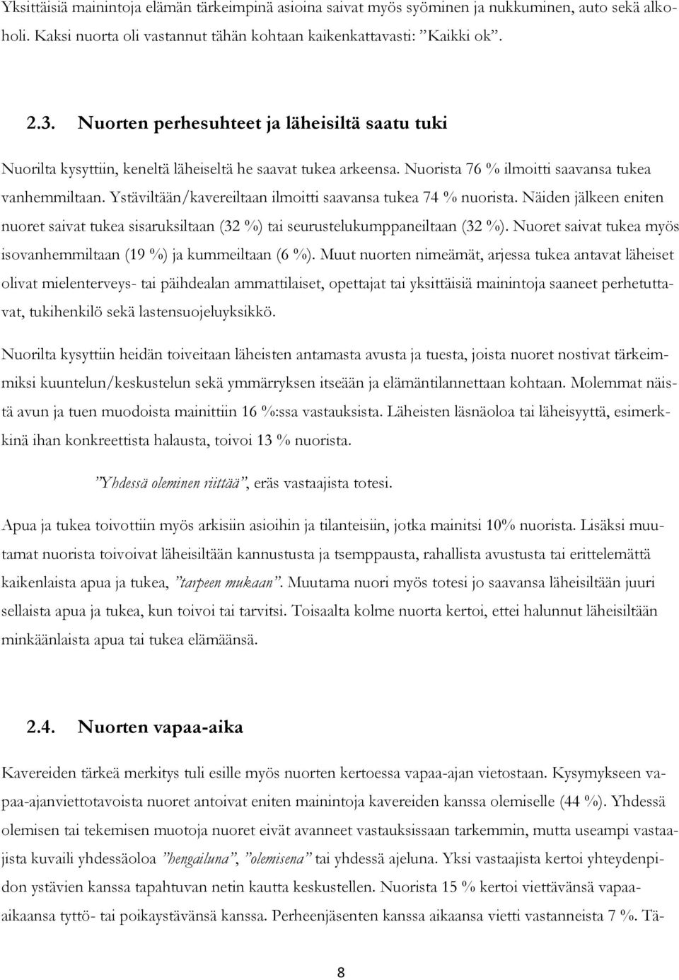 Ystäviltään/kavereiltaan ilmoitti saavansa tukea 74 % nuorista. Näiden jälkeen eniten nuoret saivat tukea sisaruksiltaan (32 %) tai seurustelukumppaneiltaan (32 %).