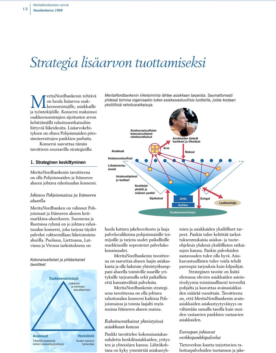 Konserni saavuttaa tämän tavoitteen seuraavilla strategioilla: 1. Strateginen keskittyminen MeritaNordbankenin tavoitteena on olla Pohjoismaiden ja Itämeren alueen johtava rahoitusalan konserni.