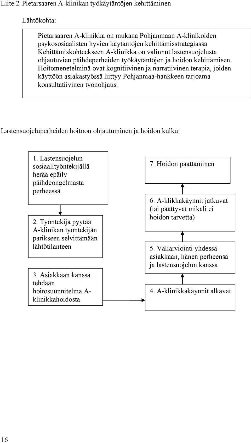 Hoitomenetelminä ovat kognitiivinen ja narratiivinen terapia, joiden käyttöön asiakastyössä liittyy Pohjanmaa-hankkeen tarjoama konsultatiivinen työnohjaus.