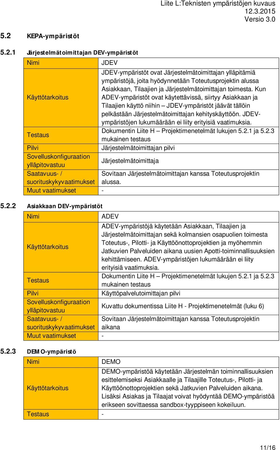 JDEVympäristöjen lukumäärään ei liity erityisiä vaatimuksia. Dokumentin Liite H Projektimenetelmät lukujen 5.2.