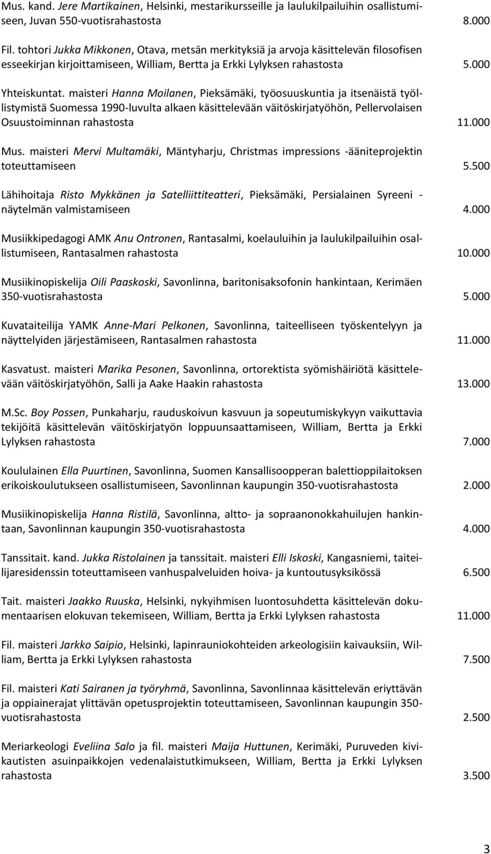 maisteri Hanna Moilanen, Pieksämäki, työosuuskuntia ja itsenäistä työllistymistä Suomessa 1990-luvulta alkaen käsittelevään väitöskirjatyöhön, Pellervolaisen Osuustoiminnan rahastosta 11.000 Mus.