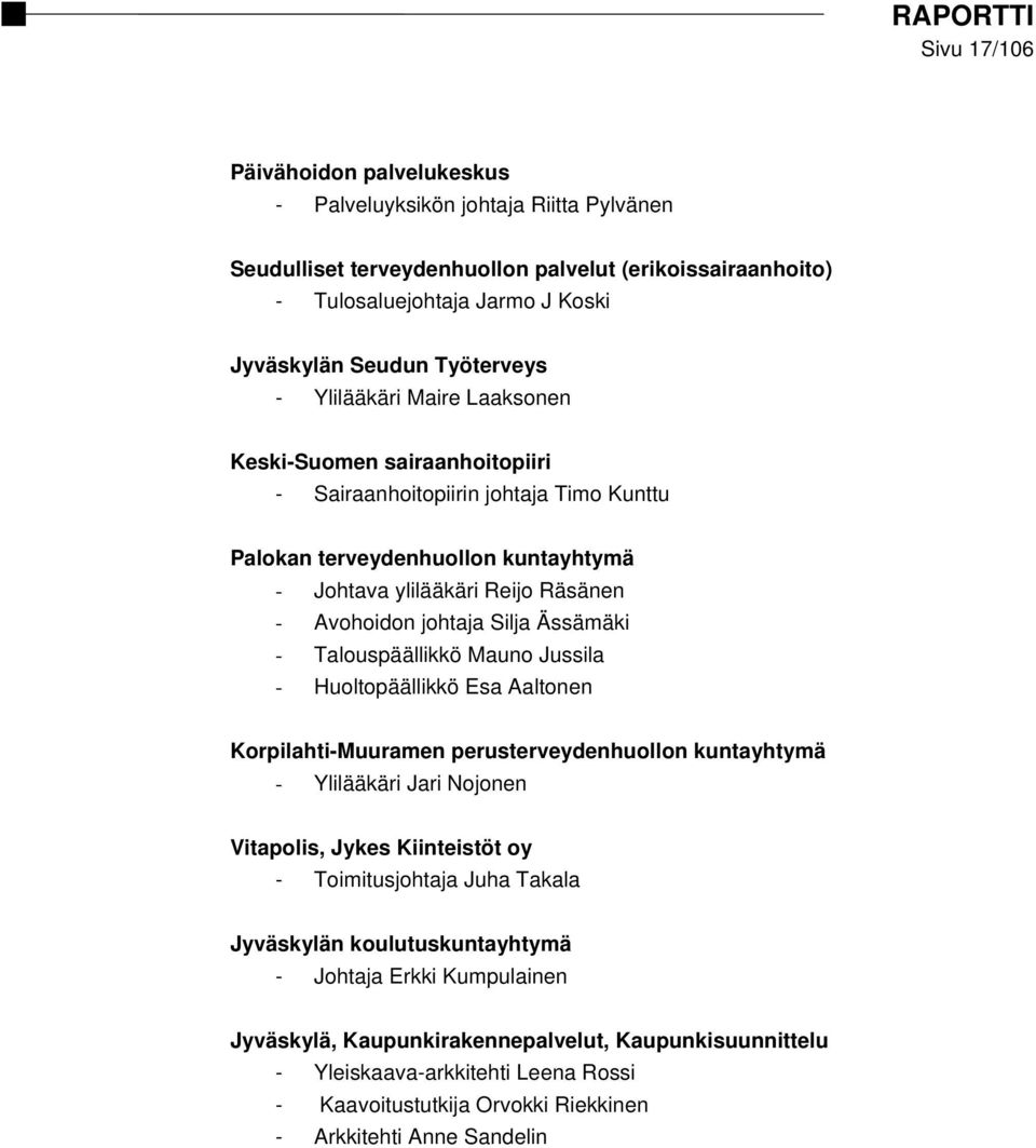 johtaja Silja Ässämäki - Talouspäällikkö Mauno Jussila - Huoltopäällikkö Esa Aaltonen Korpilahti-Muuramen perusterveydenhuollon kuntayhtymä - Ylilääkäri Jari Nojonen Vitapolis, Jykes Kiinteistöt oy -