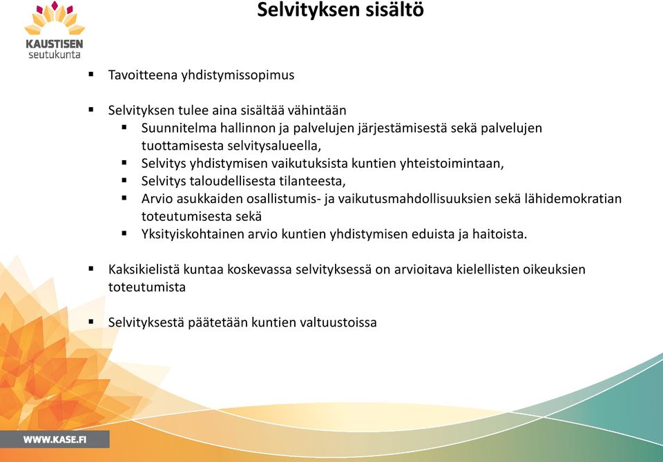 asukkaiden osallistumis- ja vaikutusmahdollisuuksien sekä lähidemokratian toteutumisesta sekä Yksityiskohtainen arvio kuntien yhdistymisen eduista ja