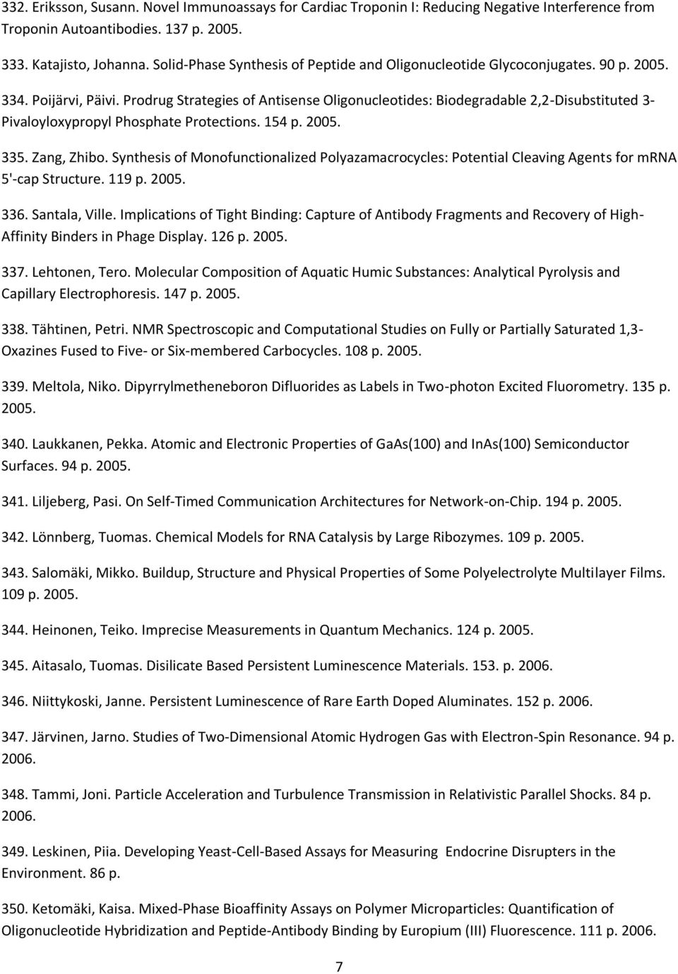 Prodrug Strategies of Antisense Oligonucleotides: Biodegradable 2,2-Disubstituted 3- Pivaloyloxypropyl Phosphate Protections. 154 p. 2005. 335. Zang, Zhibo.