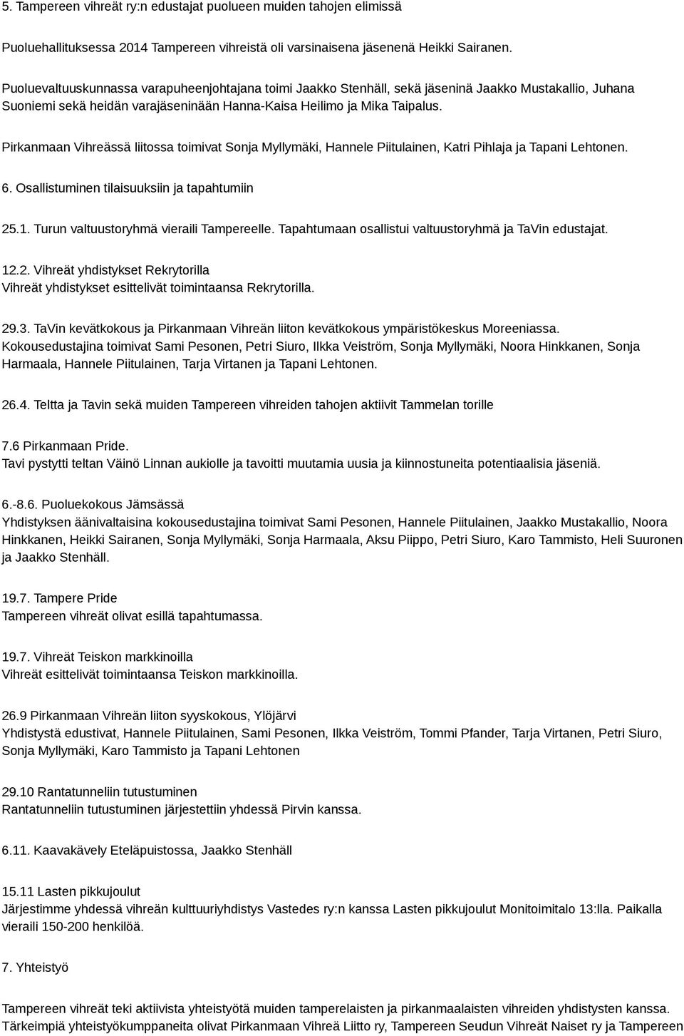 Pirkanmaan Vihreässä liitossa toimivat Sonja Myllymäki, Hannele Piitulainen, Katri Pihlaja ja Tapani Lehtonen. 6. Osallistuminen tilaisuuksiin ja tapahtumiin 25.1.