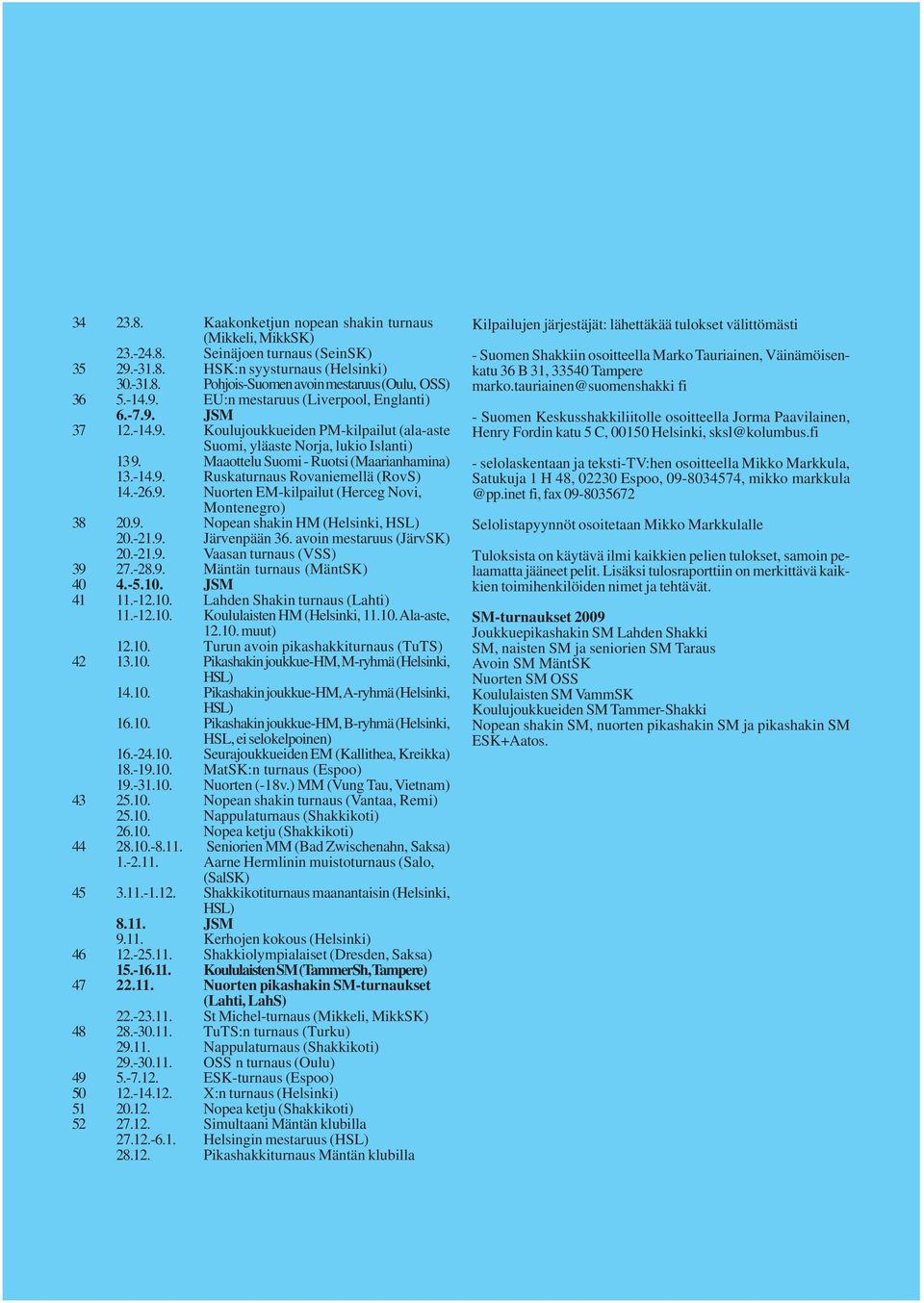 9. 20.-21.9. Nopean shakin HM (Helsinki, HSL) Järvenpään 36. avoin mestaruus (JärvSK) 20.-21.9. Vaasan turnaus (VSS) 39 40 27.-28.9. 4.-5.10. Mäntän turnaus (MäntSK) JSM 41 11.-12.10. Lahden Shakin turnaus (Lahti) 11.