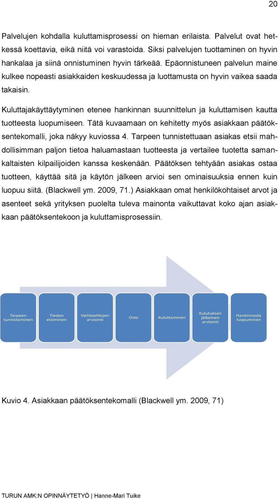 Kuluttajakäyttäytyminen etenee hankinnan suunnittelun ja kuluttamisen kautta tuotteesta luopumiseen. Tätä kuvaamaan on kehitetty myös asiakkaan päätöksentekomalli, joka näkyy kuviossa 4.