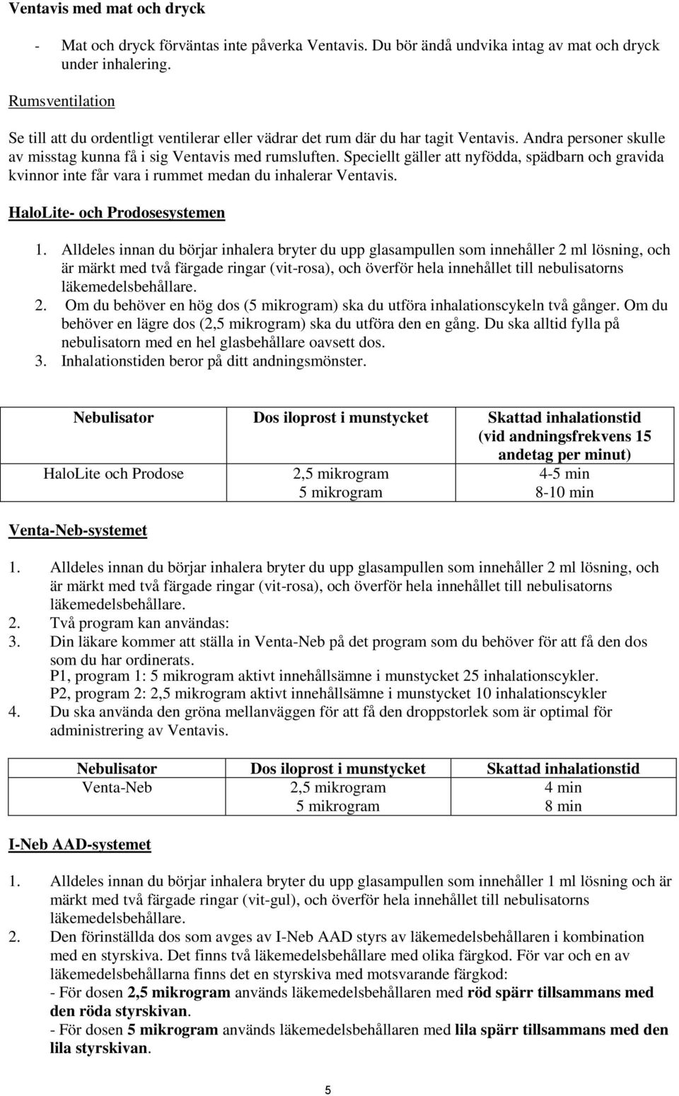 Speciellt gäller att nyfödda, spädbarn och gravida kvinnor inte får vara i rummet medan du inhalerar Ventavis. HaloLite- och Prodosesystemen 1.