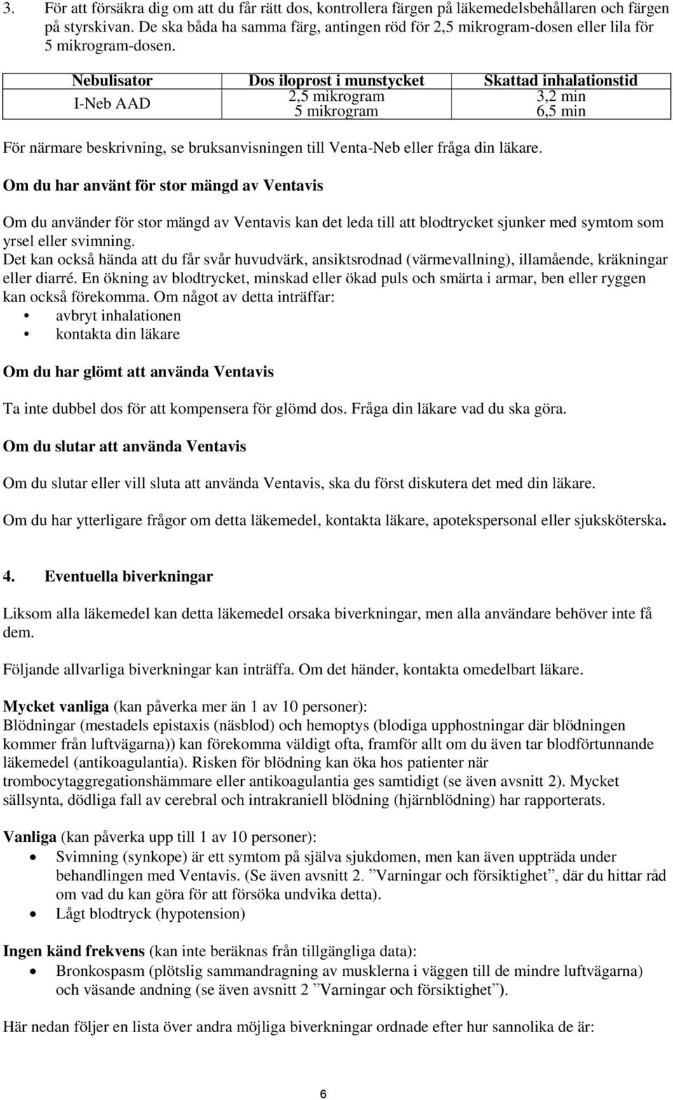 Nebulisator Dos iloprost i munstycket Skattad inhalationstid I-Neb AAD 2,5 mikrogram 3,2 min 5 mikrogram 6,5 min För närmare beskrivning, se bruksanvisningen till Venta-Neb eller fråga din läkare.