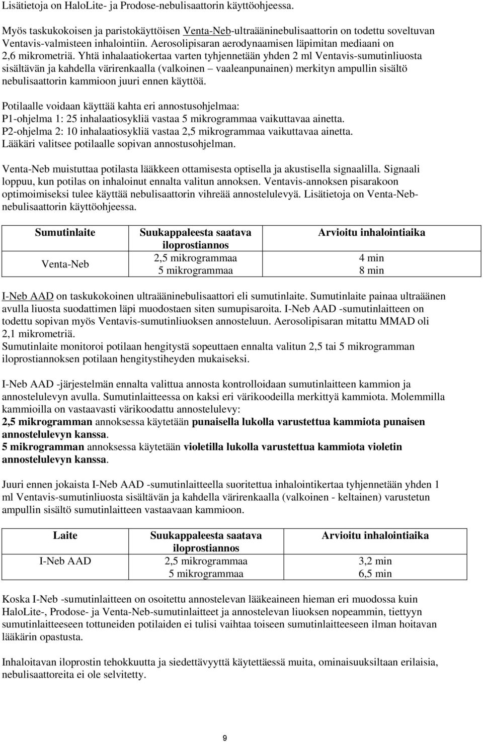 Yhtä inhalaatiokertaa varten tyhjennetään yhden 2 ml Ventavis-sumutinliuosta sisältävän ja kahdella värirenkaalla (valkoinen vaaleanpunainen) merkityn ampullin sisältö nebulisaattorin kammioon juuri