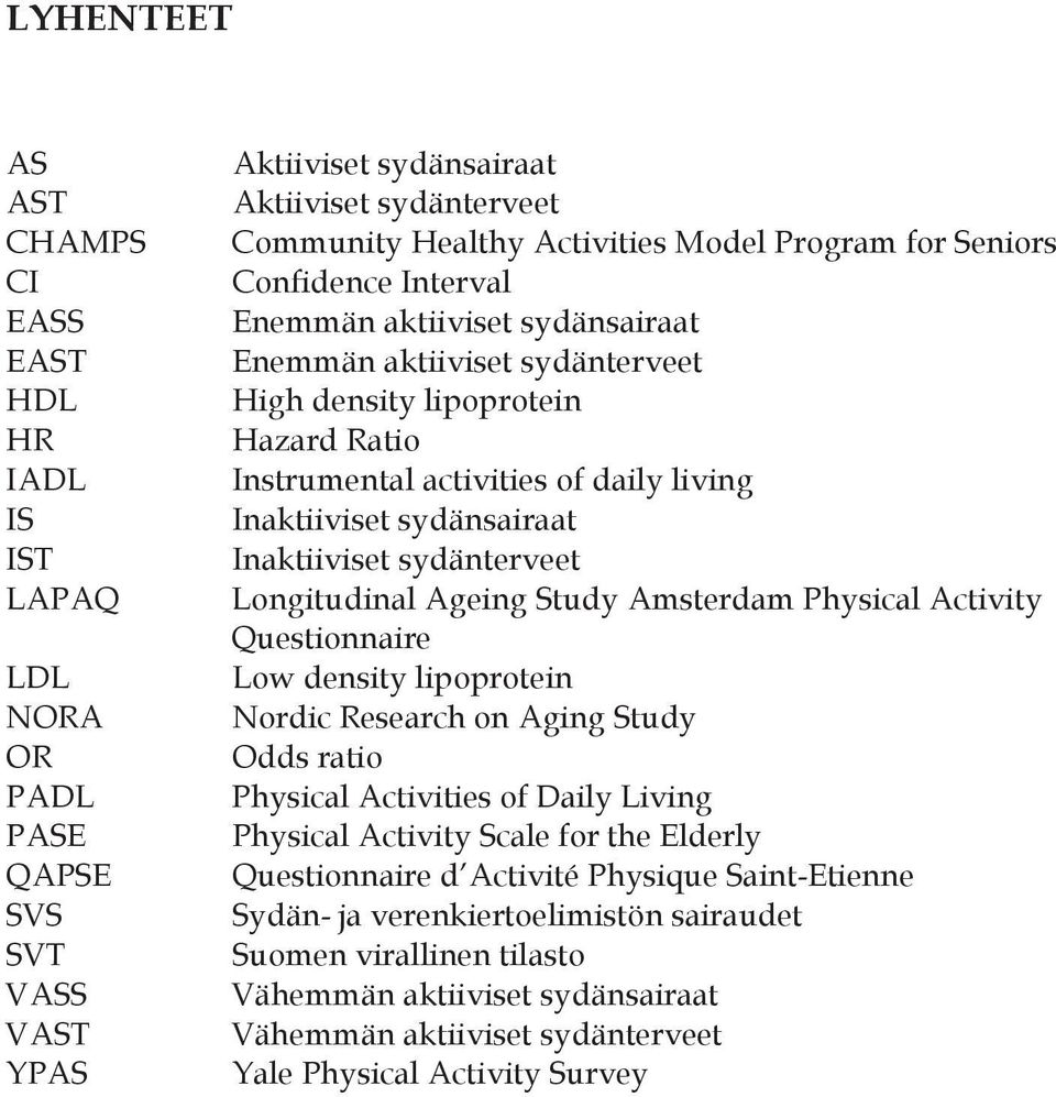 sydänsairaat Inaktiiviset sydänterveet Longitudinal Ageing Study Amsterdam Physical Activity Questionnaire Low density lipoprotein Nordic Research on Aging Study Odds ratio Physical Activities of